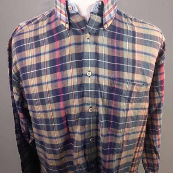 TOMMY HILFIGER Shirt Mens Large Plaid  Blue Green Red Long Sleeve Box Logo - Picture 1 of 16
